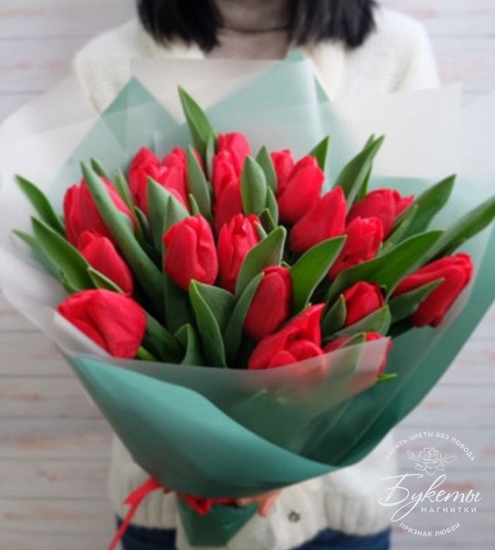 Купить 19 красных тюльпанов в упаковке с доставкой по Магнитогорску